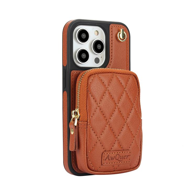 For iPhone 13 Pro AwQuer Crossbody Zipper Wallet Bag Litchi Leather Phone Case