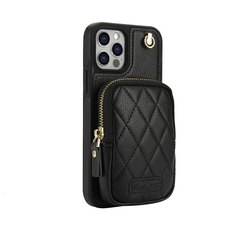 For iPhone 12 / 12 Pro AwQuer Crossbody Zipper Wallet Bag Litchi Leather Phone Case