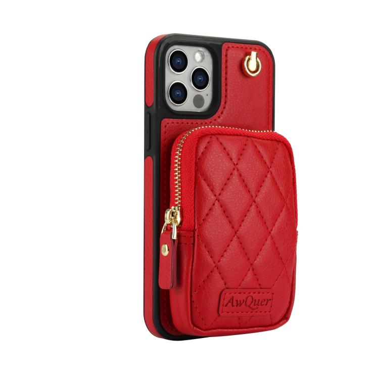 For iPhone 12 Pro Max AwQuer Crossbody Zipper Wallet Bag Litchi Leather Phone Case