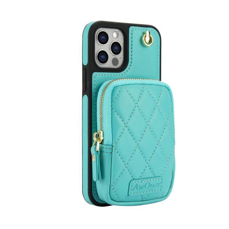 For iPhone 12 Pro Max AwQuer Crossbody Zipper Wallet Bag Litchi Leather Phone Case