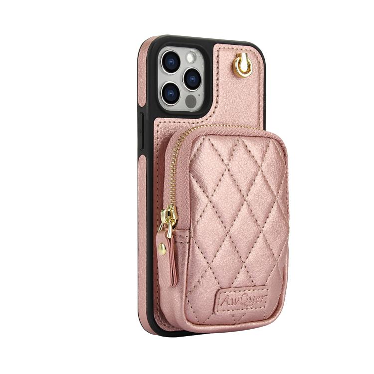For iPhone 12 Pro Max AwQuer Crossbody Zipper Wallet Bag Litchi Leather Phone Case