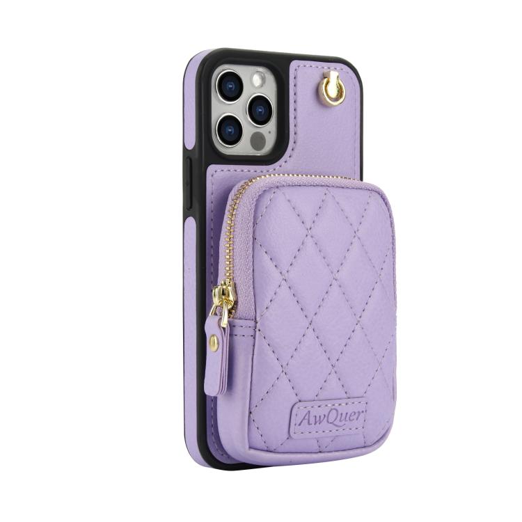 For iPhone 12 Pro Max AwQuer Crossbody Zipper Wallet Bag Litchi Leather Phone Case