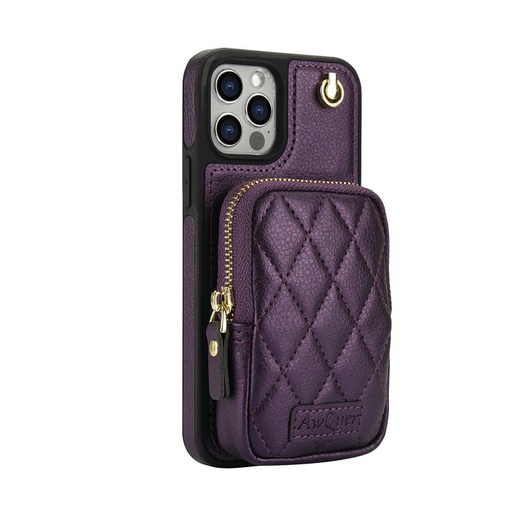 For iPhone 12 Pro Max AwQuer Crossbody Zipper Wallet Bag Litchi Leather Phone Case