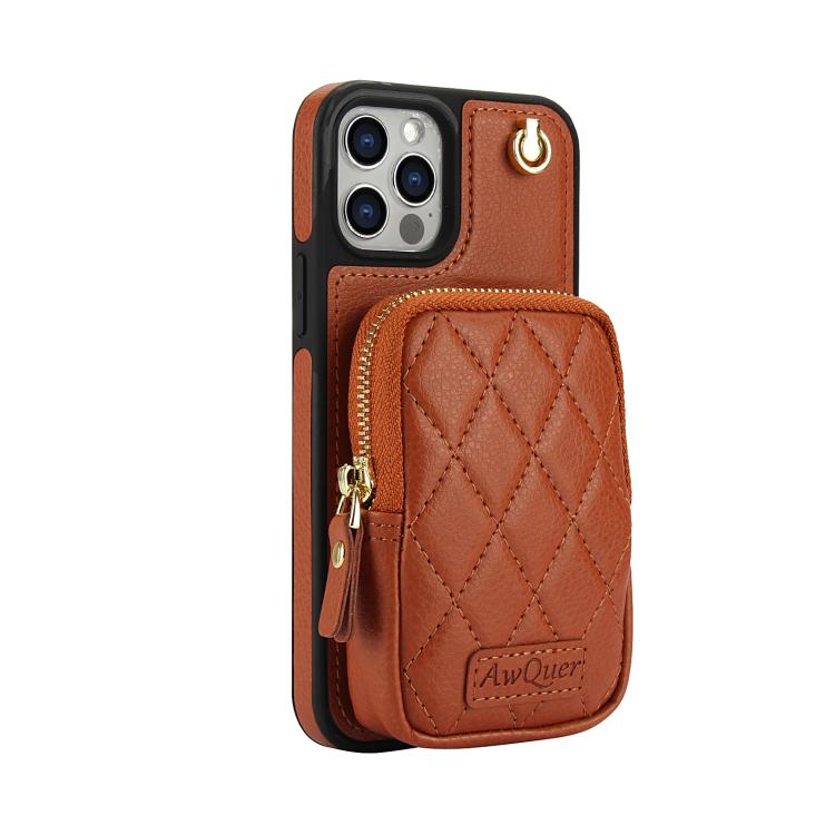For iPhone 12 Pro Max AwQuer Crossbody Zipper Wallet Bag Litchi Leather Phone Case