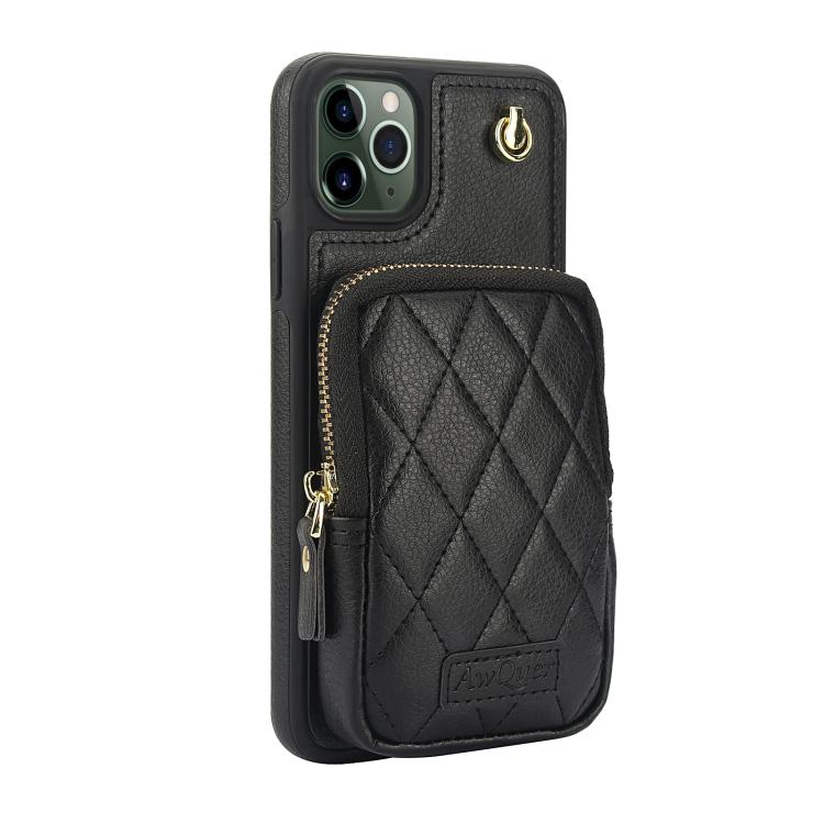 For iPhone 11 Pro Max AwQuer Crossbody Zipper Wallet Bag Litchi Leather Phone Case