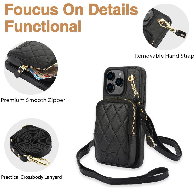 For iPhone 11 Pro Max AwQuer Crossbody Zipper Wallet Bag Litchi Leather Phone Case