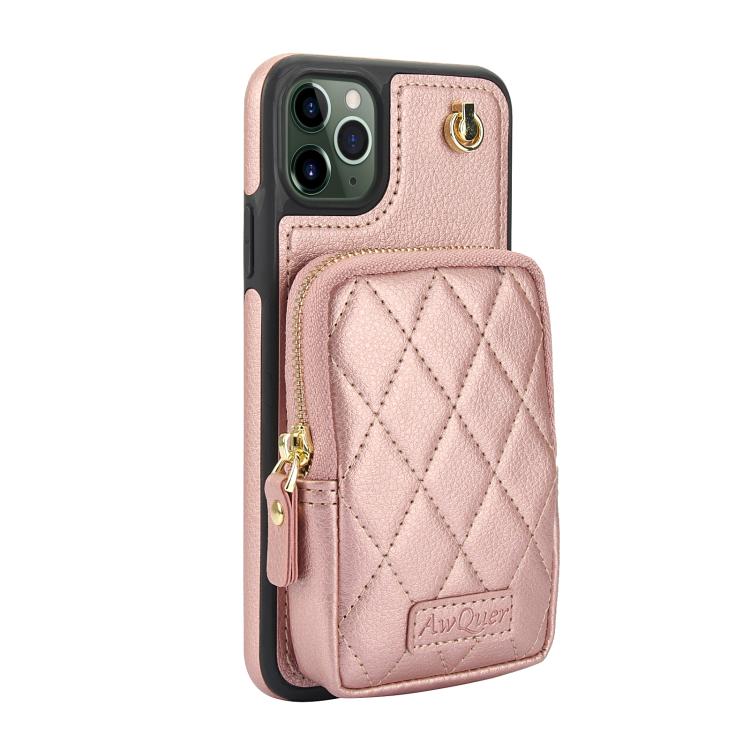 For iPhone 11 Pro Max AwQuer Crossbody Zipper Wallet Bag Litchi Leather Phone Case