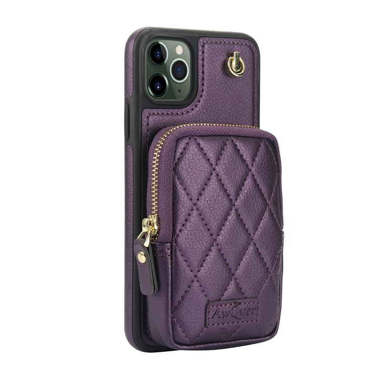 For iPhone 11 Pro Max AwQuer Crossbody Zipper Wallet Bag Litchi Leather Phone Case