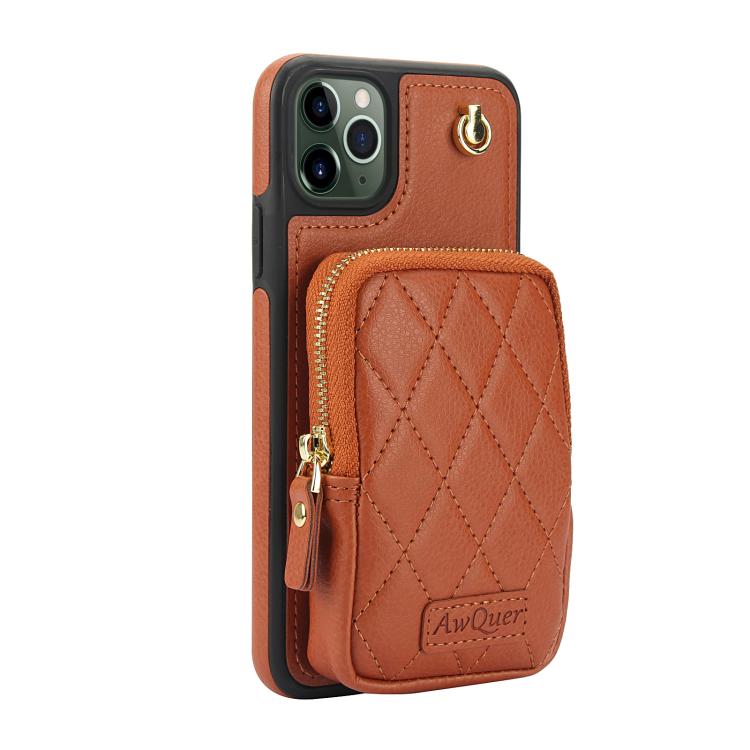 For iPhone 11 Pro Max AwQuer Crossbody Zipper Wallet Bag Litchi Leather Phone Case