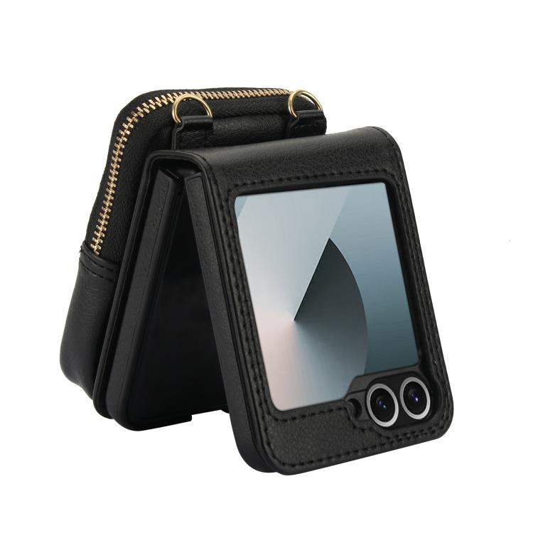 For Samsung Galaxy Z Flip6 / Flip7 FE AwQuer Crossbody Zipper Wallet Bag Litchi Leather Phone Case