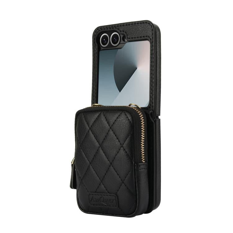 For Samsung Galaxy Z Flip6 / Flip7 FE AwQuer Crossbody Zipper Wallet Bag Litchi Leather Phone Case