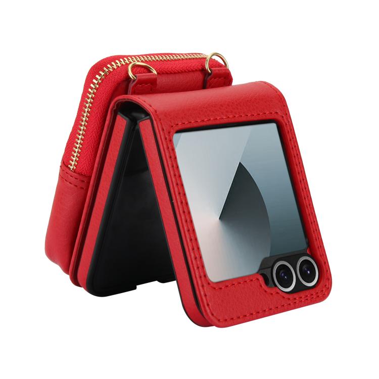 For Samsung Galaxy Z Flip6 / Flip7 FE AwQuer Crossbody Zipper Wallet Bag Litchi Leather Phone Case