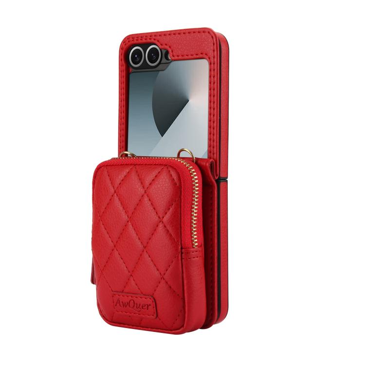 For Samsung Galaxy Z Flip6 / Flip7 FE AwQuer Crossbody Zipper Wallet Bag Litchi Leather Phone Case