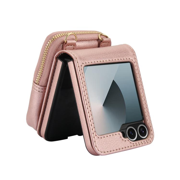 For Samsung Galaxy Z Flip6 / Flip7 FE AwQuer Crossbody Zipper Wallet Bag Litchi Leather Phone Case