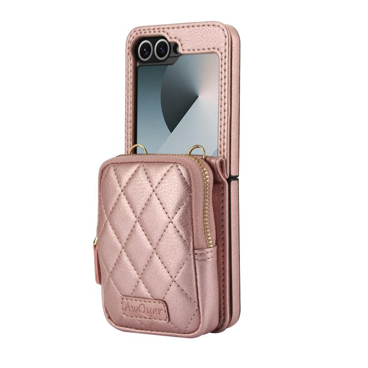 For Samsung Galaxy Z Flip6 / Flip7 FE AwQuer Crossbody Zipper Wallet Bag Litchi Leather Phone Case