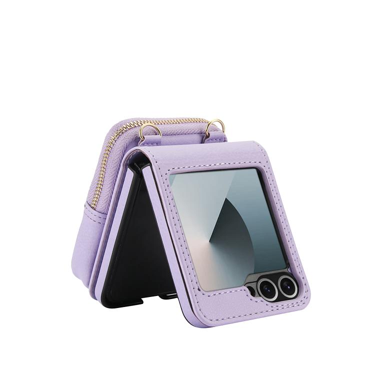 For Samsung Galaxy Z Flip6 / Flip7 FE AwQuer Crossbody Zipper Wallet Bag Litchi Leather Phone Case
