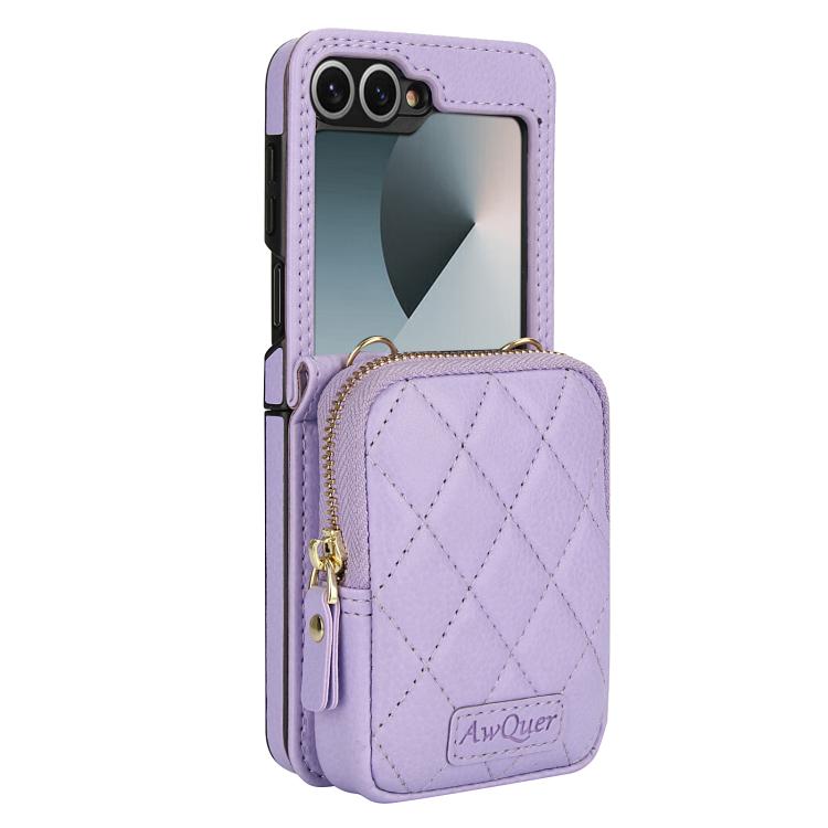 For Samsung Galaxy Z Flip6 / Flip7 FE AwQuer Crossbody Zipper Wallet Bag Litchi Leather Phone Case