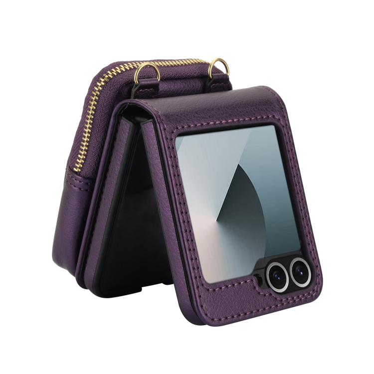 For Samsung Galaxy Z Flip6 / Flip7 FE AwQuer Crossbody Zipper Wallet Bag Litchi Leather Phone Case