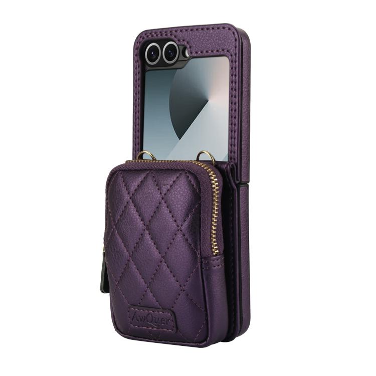 For Samsung Galaxy Z Flip6 / Flip7 FE AwQuer Crossbody Zipper Wallet Bag Litchi Leather Phone Case