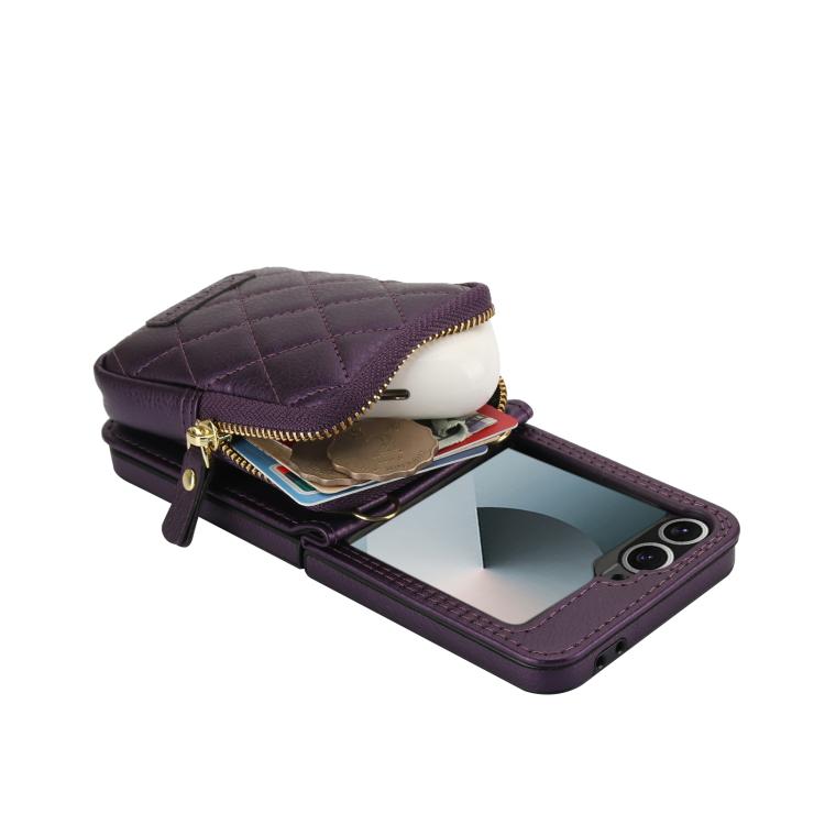 For Samsung Galaxy Z Flip6 / Flip7 FE AwQuer Crossbody Zipper Wallet Bag Litchi Leather Phone Case