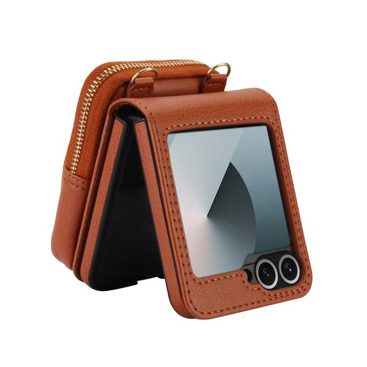For Samsung Galaxy Z Flip6 / Flip7 FE AwQuer Crossbody Zipper Wallet Bag Litchi Leather Phone Case