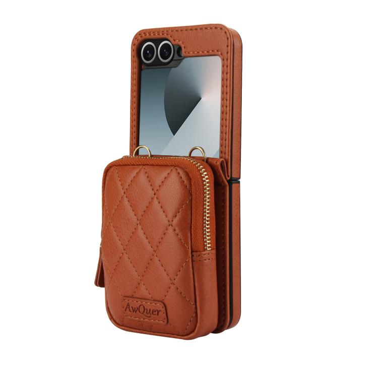 For Samsung Galaxy Z Flip6 / Flip7 FE AwQuer Crossbody Zipper Wallet Bag Litchi Leather Phone Case