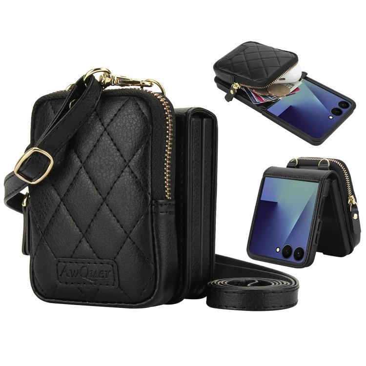 For Samsung Galaxy Z Flip7 5G AwQuer Crossbody Zipper Wallet Bag Litchi Leather Phone Case