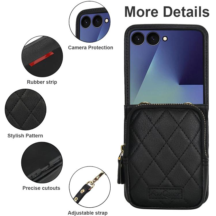 For Samsung Galaxy Z Flip7 5G AwQuer Crossbody Zipper Wallet Bag Litchi Leather Phone Case