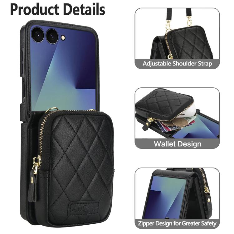 For Samsung Galaxy Z Flip7 5G AwQuer Crossbody Zipper Wallet Bag Litchi Leather Phone Case