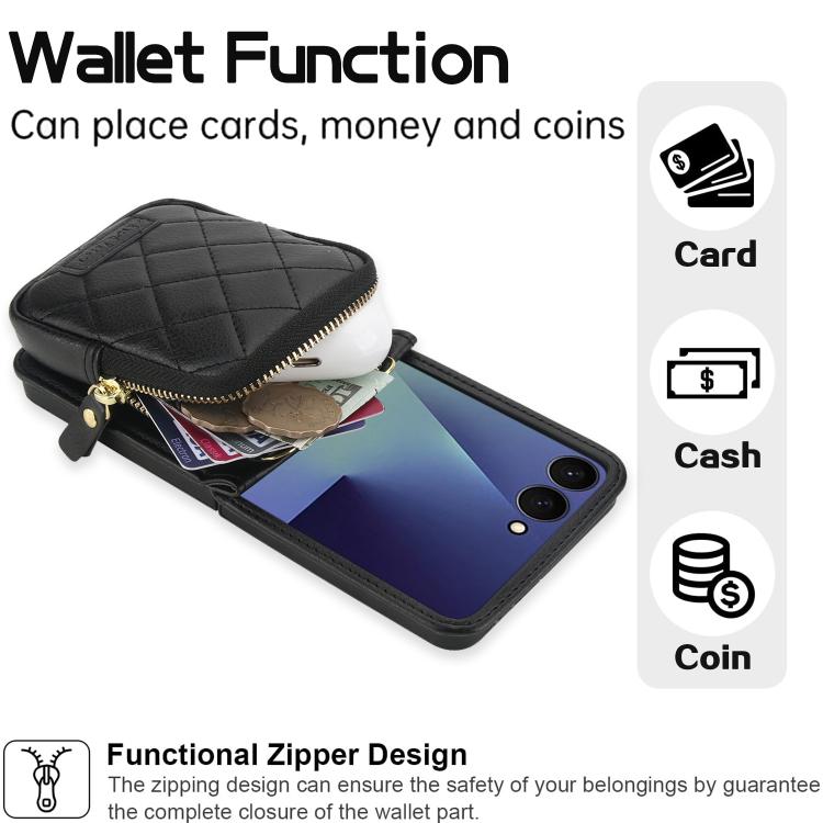 For Samsung Galaxy Z Flip7 5G AwQuer Crossbody Zipper Wallet Bag Litchi Leather Phone Case