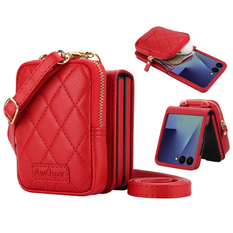 For Samsung Galaxy Z Flip7 5G AwQuer Crossbody Zipper Wallet Bag Litchi Leather Phone Case