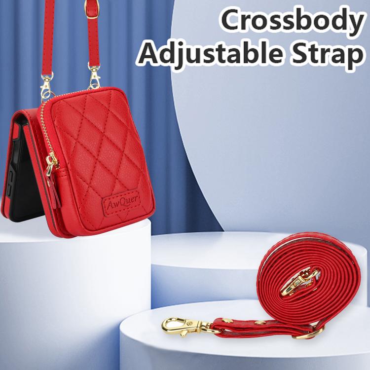 For Samsung Galaxy Z Flip7 5G AwQuer Crossbody Zipper Wallet Bag Litchi Leather Phone Case