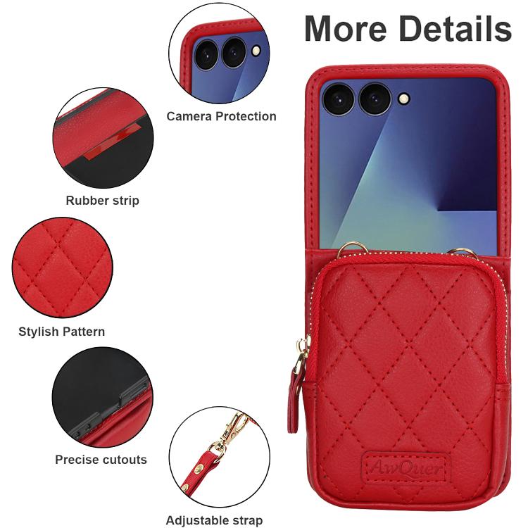 For Samsung Galaxy Z Flip7 5G AwQuer Crossbody Zipper Wallet Bag Litchi Leather Phone Case