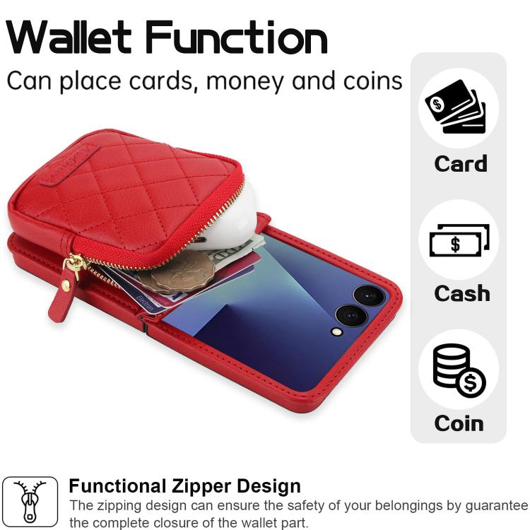 For Samsung Galaxy Z Flip7 5G AwQuer Crossbody Zipper Wallet Bag Litchi Leather Phone Case
