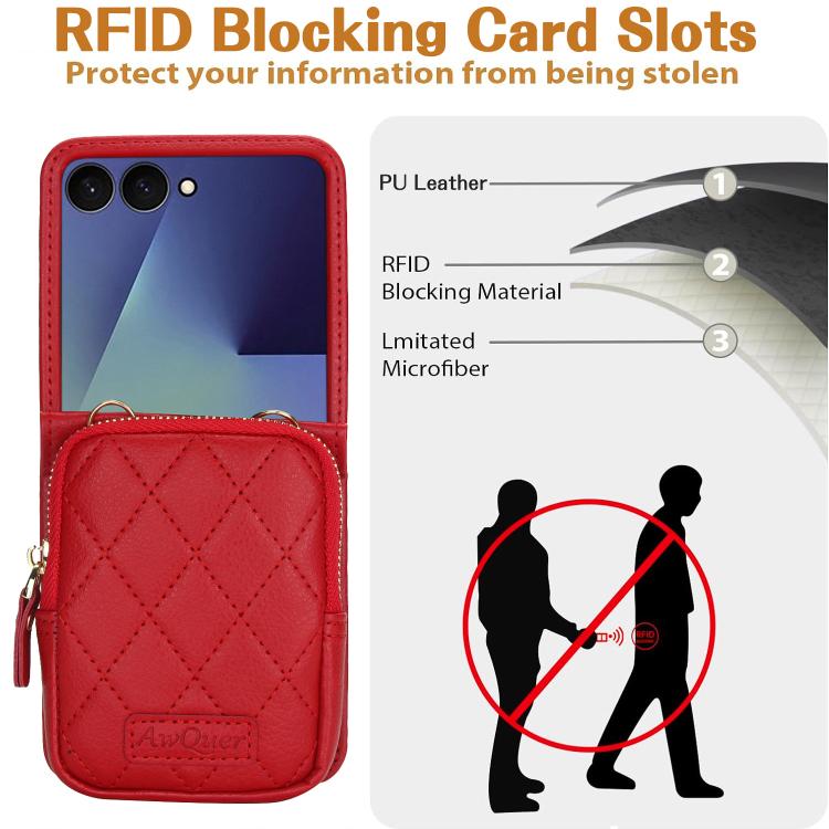 For Samsung Galaxy Z Flip7 5G AwQuer Crossbody Zipper Wallet Bag Litchi Leather Phone Case