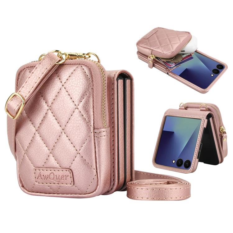For Samsung Galaxy Z Flip7 5G AwQuer Crossbody Zipper Wallet Bag Litchi Leather Phone Case