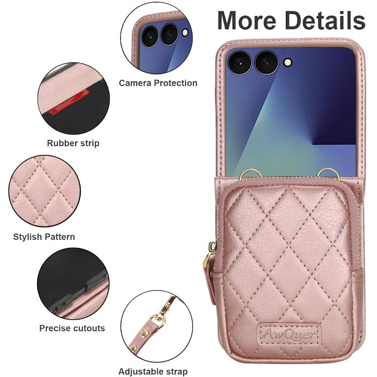 For Samsung Galaxy Z Flip7 5G AwQuer Crossbody Zipper Wallet Bag Litchi Leather Phone Case