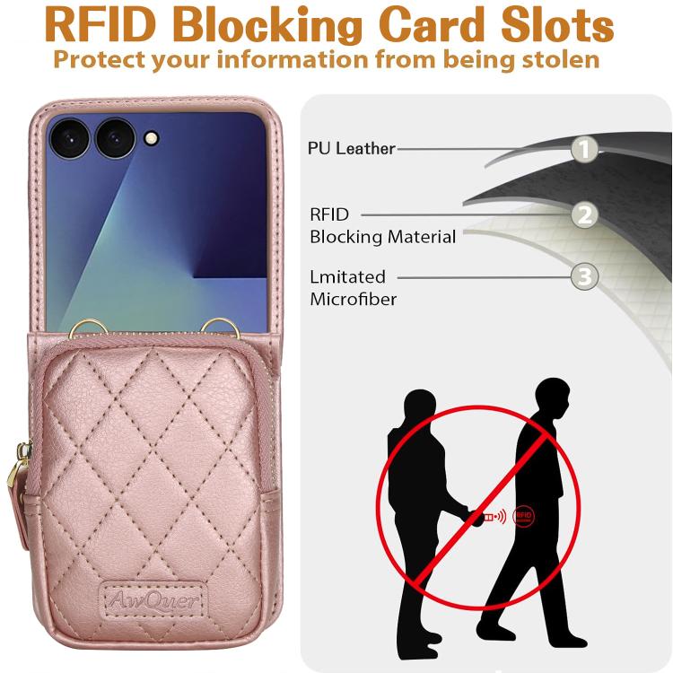 For Samsung Galaxy Z Flip7 5G AwQuer Crossbody Zipper Wallet Bag Litchi Leather Phone Case
