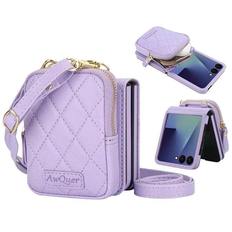 For Samsung Galaxy Z Flip7 5G AwQuer Crossbody Zipper Wallet Bag Litchi Leather Phone Case