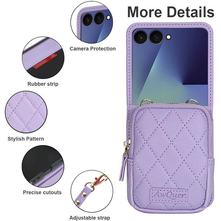 For Samsung Galaxy Z Flip7 5G AwQuer Crossbody Zipper Wallet Bag Litchi Leather Phone Case