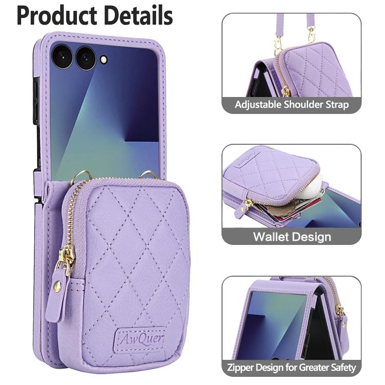 For Samsung Galaxy Z Flip7 5G AwQuer Crossbody Zipper Wallet Bag Litchi Leather Phone Case