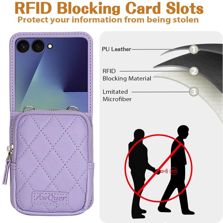 For Samsung Galaxy Z Flip7 5G AwQuer Crossbody Zipper Wallet Bag Litchi Leather Phone Case