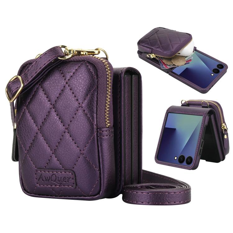 For Samsung Galaxy Z Flip7 5G AwQuer Crossbody Zipper Wallet Bag Litchi Leather Phone Case