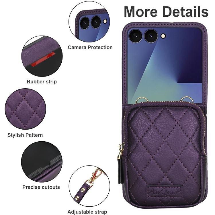 For Samsung Galaxy Z Flip7 5G AwQuer Crossbody Zipper Wallet Bag Litchi Leather Phone Case