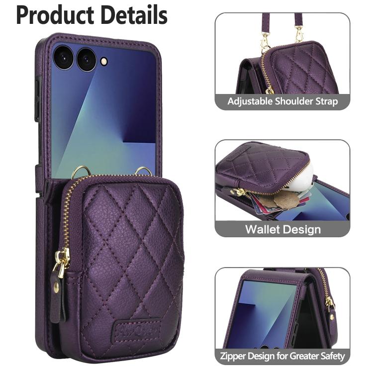 For Samsung Galaxy Z Flip7 5G AwQuer Crossbody Zipper Wallet Bag Litchi Leather Phone Case
