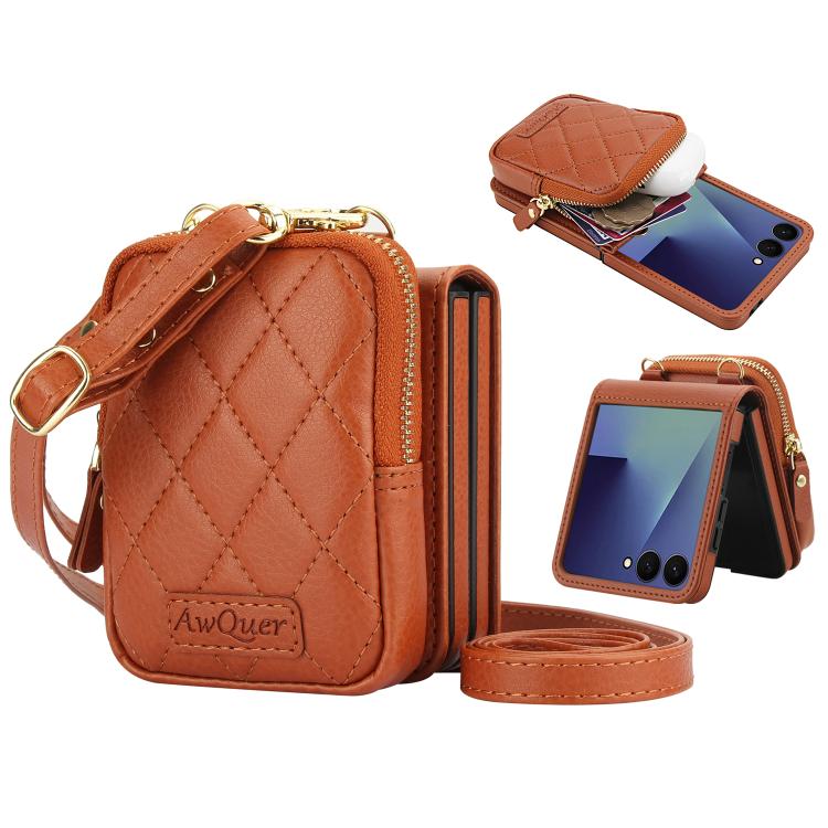 For Samsung Galaxy Z Flip7 5G AwQuer Crossbody Zipper Wallet Bag Litchi Leather Phone Case