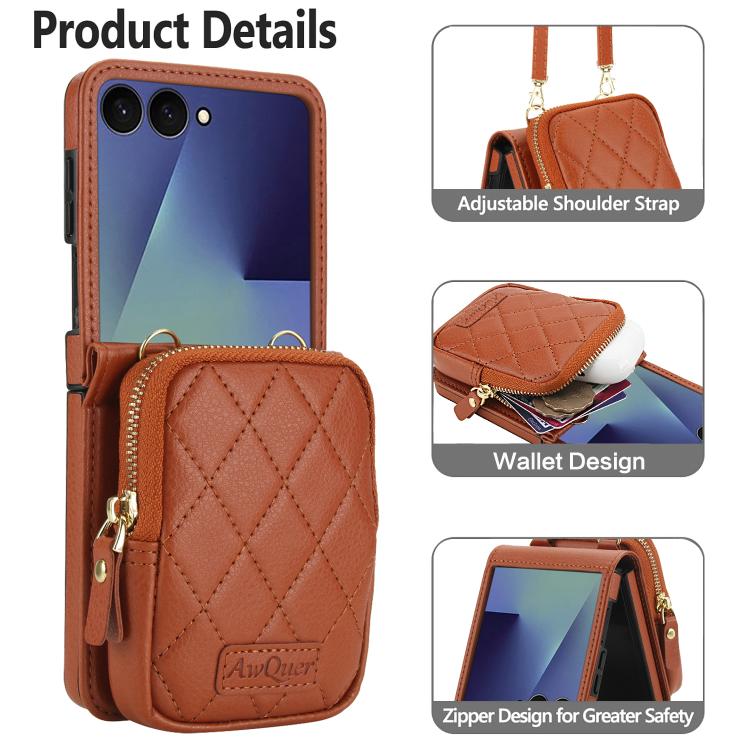 For Samsung Galaxy Z Flip7 5G AwQuer Crossbody Zipper Wallet Bag Litchi Leather Phone Case