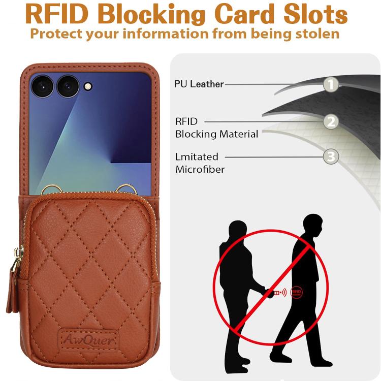 For Samsung Galaxy Z Flip7 5G AwQuer Crossbody Zipper Wallet Bag Litchi Leather Phone Case
