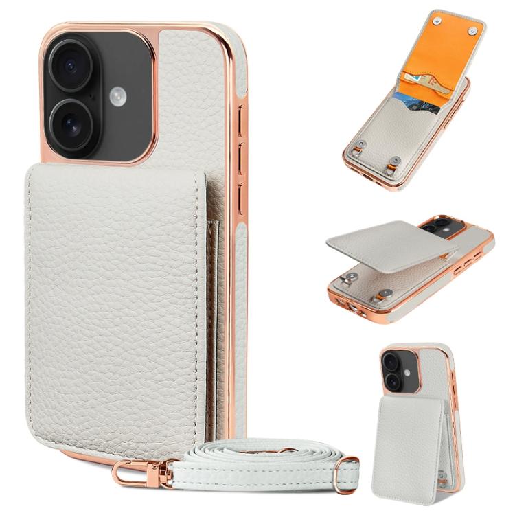 For iPhone 16 VIETAO Litchi Texture Wallet PU Phone Case with Lanyard