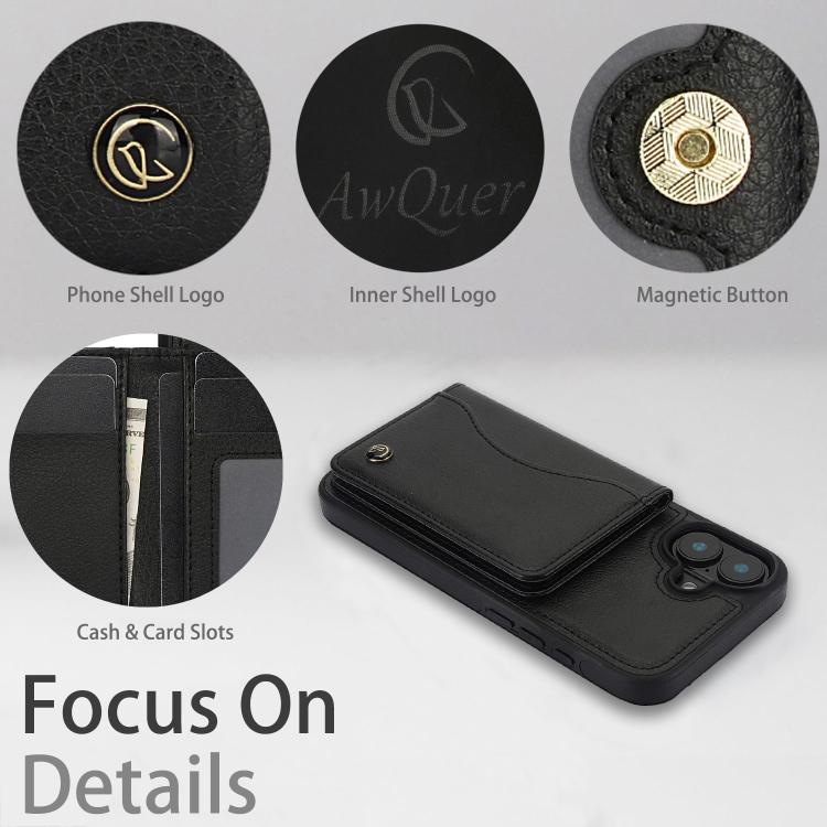 For iPhone 16 Plus AwQuer Horizontal Flip Card Bag Holder Leather Phone Case